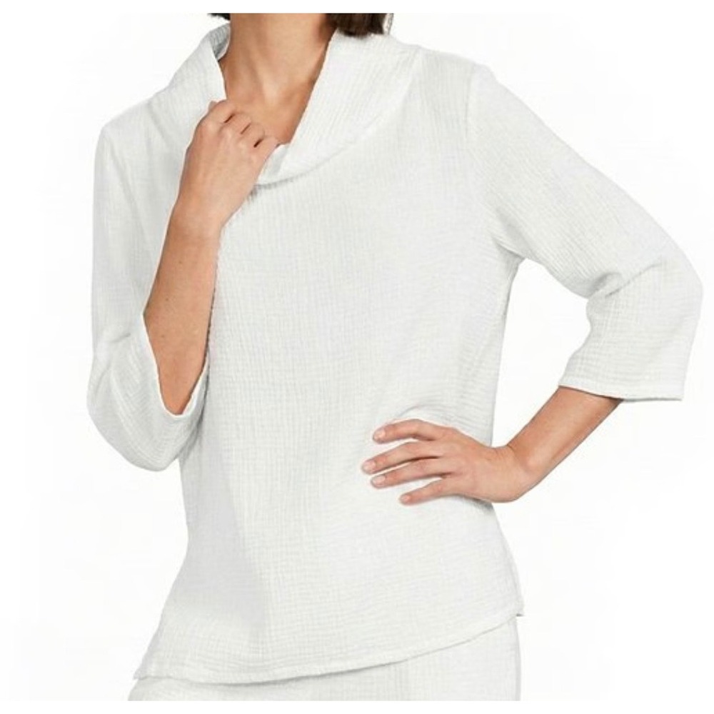 Bryn Walker White 100% Cotton Gauze Cowl Neck Top Elbow Sleeve Made in USA XXS